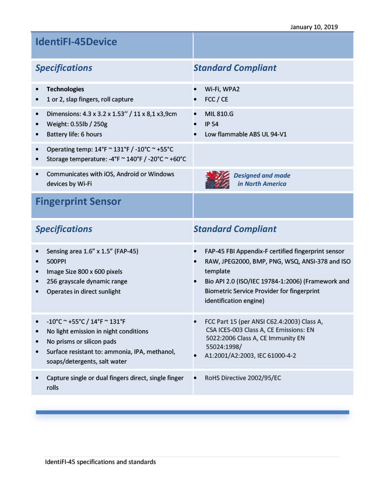 IDENTIFI-45 Mobile Live Fingerprint Scanner by SIC Biometrics - FBI FAP Certified Biometric Scanner